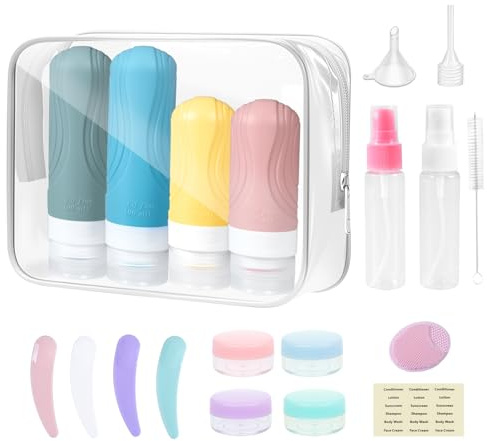 Carehabi Lot de 20 bouteilles à remplir, 90 ml + 60 ml, en silicone, pour voyage, avion, vaporisateur de 30 ml, petites boîtes, gadgets de voyage, pour shampooing, gel douche, cosmétiques liquides