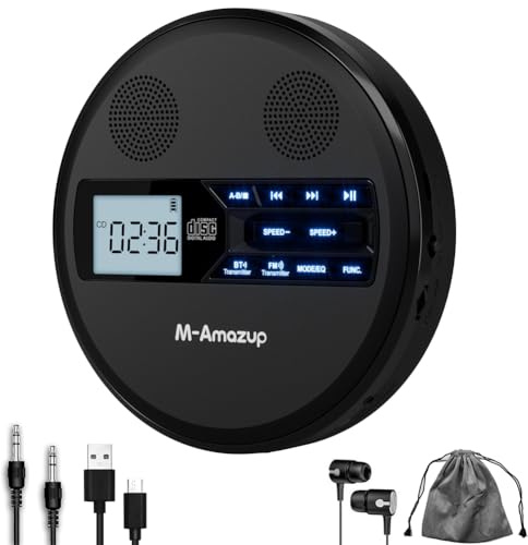 Uxsjakjsd Discman CD Player Multifunzionale con Bluetooth, Cuffie FM, Macchina per L'Apprendimento del Ripetitore, Altoparlante Stereo USB Nero