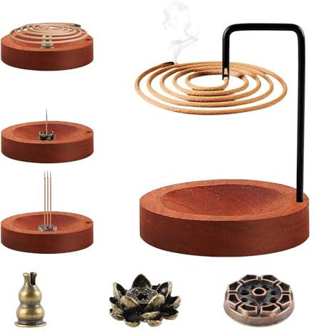 FEMONGY 5 en 1 Porta Incienso, Soporte Incienso,Ideal para Yoga, meditación, decoración del hogar, aromaterapia, Oficina y Dormitorio, Color de la Madera de Nogal