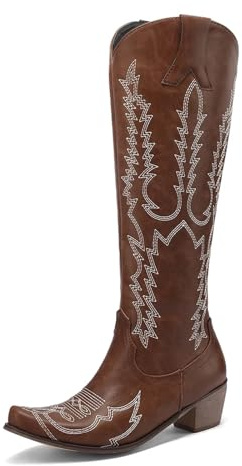 UJEDFHV Knähöga cowboystövlar för kvinnor brodera kvinnor knähöga stövlar klackar retro riddare kvinnlig västerländsk cowboy för kvinnor, Brun, 40.5 EU