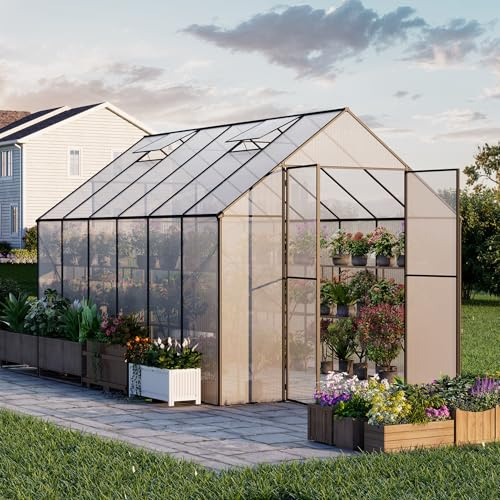 Kingdura Invernadero de 8 x 12 pies para exteriores, invernaderos grandes de policarbonato con marco de aluminio resistente, ventilación de techo ajustable, puerta con cerradura, protección UV para