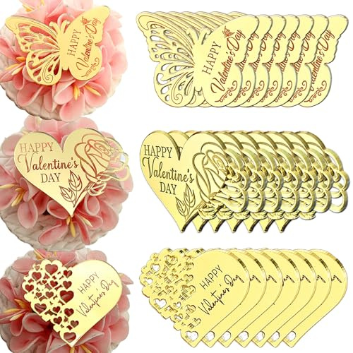 21 Pieces Happy Valentine's Day Cupcake Toppers, Gold Mirror Acrylic, Butterfly Rose Heart Design, Anniversary Cake Topper Party Decorations