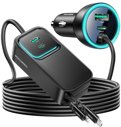 Rocoren 6 IN 1 Zigarettenanzünder USB 135W Auto Ladegerät Einziehbares SchnellLadegerät Adapter, 12V-24V Auto Zubehör Innenraum mit 1.5m Kabel, Camping Wohnmobil Reise Gadget für Laptop, Handy Schwarz