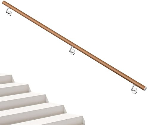 AICA Barandilla de escalera, Pasamanos de acero inoxidable 304 acabado madera marrón, 240 cm con 3 soportes, para Interior y Exterior