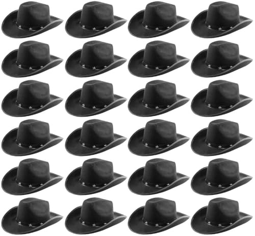 Vuxna, stjärna, nitad cowboyhatt – paket med 24 – svart filt västerländsk stil hatt med dekorativa stjärndubbar – klassisk vild västern maskeraddräkt tillbehör för fester, festivaler, cosplay