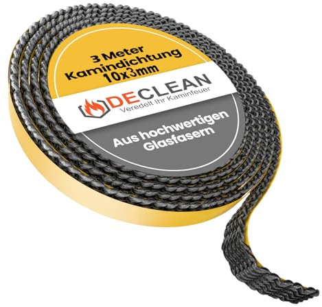 DeClean Kamindichtung Ofendichtschnur – selbstklebendes Ofendichtband – hitzebeständig bis 550° C – aus hochwertigen Glasfasern – Breite 10 x 3mm (3 Meter)