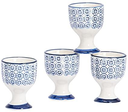 Nicola Spring Argon Tableware Hand Printed Egg Cups - Pack of 4 - Navy Porcelain Breakfast Brunch Easy Clean Hard Soft Boiled Eggs Dipping Holder Stand for Breakfast, Brunch