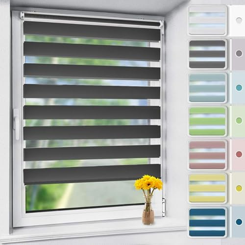 OUBO Doppelrollo Klemmfix ohne Bohren 80x 150 cm (BxH) Anthrazit Fenster Duo Rollo - lichtdurchlässig und verdunkelnd Wandmontage Deckenmotage Sichtschutz Rollo mit Klemmträgern für Fenster & Tür