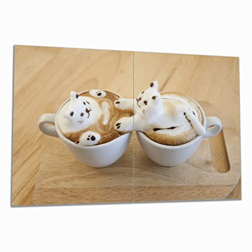 Wallario Herdabdeckplatte/Spritzschutz aus Glas, 2-teilig, 80x52cm mit 8 mm hohen Füßen, für Ceran- und Induktionsherde, Süße Milchschaum Katzen auf Kaffee