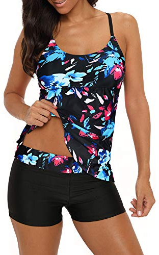 Durio Badeanzug Damen Bauchweg Frau Bademode Badeanzüge Tankinis Tankini mit Hotpants Badebekleidung Zweiteilig mit Streifen Schwarz mit Blumen 42