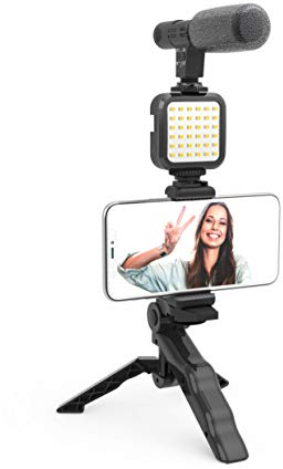 DigiPower Vlogging Set Like Me mit LED-Videoleuchte + Mikrofon + Handy Halterung + Handgriff/Mini-Stativ, kompatibel mit Smartphones, für TikTok, YouTube, Live-Streaming und Meetings