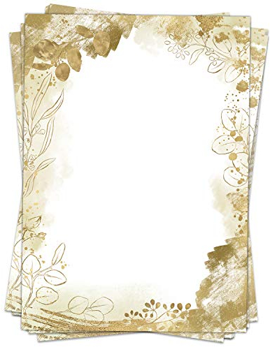 50 Blatt Briefpapier (A4) | Floral Gold Look | Motivpapier | edles Design Papier | beidseitig bedruckt | Bastelpapier | 90 g/m²