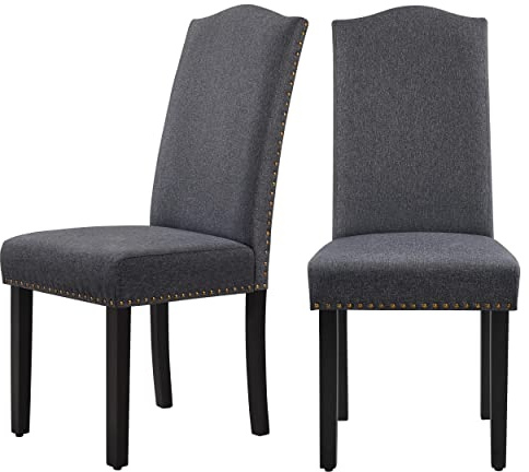 Yaheetech Dining Chairs 2 pcs High Back Fabric Padded for Kitchen Dark Grey | Comfort Upholstered Fabric Armless Side Chair, 15cm Thick Seat Cushion, with Nailhead Trim, solid wood legs, for daily use