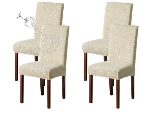 KELUINA Stretch wasserdichte Jacquard mit langem Gitter Esszimmer Stuhlhussen Home Decor, Stuhlhussen für Esszimmerstühle(Cremeweiß,4 Stück)