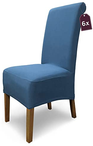Scheffler Home Stuhlhussen 6er Set Blau Jersey Baumwolle Emma | Waschbare Stuhlbezüge, Stretch Chair Cover für Hochlehner, Polsterstühle und Esszimmerstühle, Öko-Tex zertifiziert