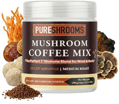PureShrooms Perfect 7 Mushroom Coffee - Instant Single Origin Arabica with Organic Lion’s Mane, Reishi & Cordyceps - Low Acidity Nootropic Superfood Beverage for Focus & Energy, 50 Servings