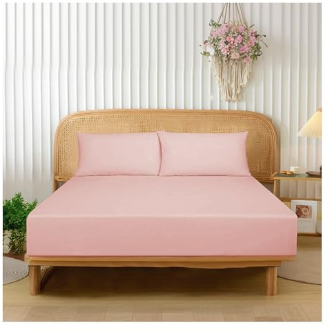 Funky Gadgets Double Fitted Sheet Blush Pink Deep Pocket 12 Inch (30cm) 90 GSM Soft Brushed Microfiber Bed Sheets Easy Care Bottom Sheet (137 X 190cm)