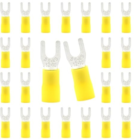 CEEYSEE 50x Gabelkabelschuhe 4-6mm² Loch-Ø M4 -für elektrische Crimpkabelschuhe Kable Teillisoliert PVC Kabel-Verbinder（Gelb/DPFY)