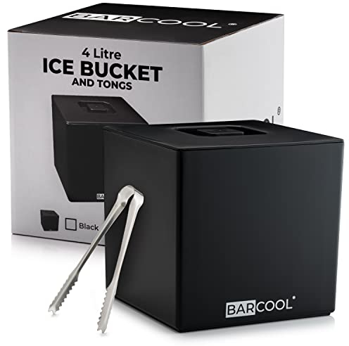 Barcool Ice Bucket with Lid and Ice Tongs | 4 Litre | Square & Double Walled Insulation | Perfect for Home Bars, Pubs, Restaurants, BBQs and Picnics (Black)