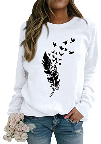 Dresswel Pullover Damen Feder Drucken Sweatshirt Langarmshirt Rundhals Langarm Shirts Herbst Winter Pulli Tops Oberteile Bluse(3-Weiß, L)