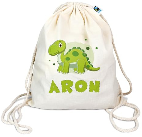 Manilu Turnbeutel mit Namen personalisiert & Bedruckt | Motiv grüner Dinosaurier | Stoffbeutel Schuhbeutel Sportbeutel Wäschebeutel Rucksack für Kinder Jungen & Mädchen | Dino 4 Brachiosaurus