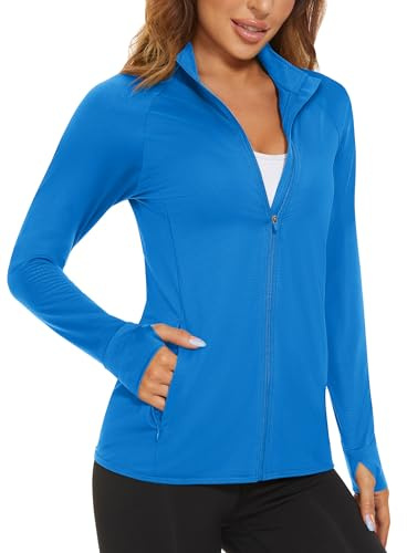 MAGCOMSEN Lightweight Long Sleeve Shirt Jacket for Women UPF 50+ Sun Protection Hiking Fishing Shirts Full Zip Workout Shirts Blue Green L