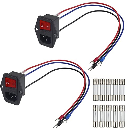 EPLZON 10A 250V Wippschalter Power Jack Eingangsmodul mit 5A 10A Sicherung 18 AWG Verlängerungskabel 3 Pin IEC320 C14 Stecker Netzschalter (Packung mit 2 Stück)