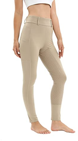 Havideto Reitleggings Damen Vollbesatz mit Handytasche, High Waist Reithose Damen Mädchen Stretch mit Gürtelschlaufen Khaki S