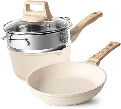 Wok Set Non-Stick Pan Stone Kitchen Rice Pot Double Boiler Boiler with Glass Lid Frying Pan Frying Pan
