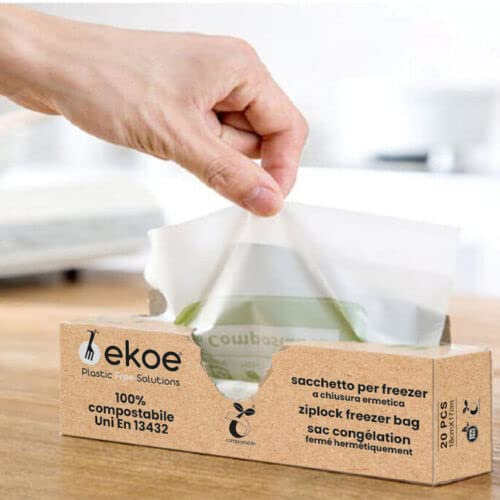 Ekoe, 20 Sacchetti Alimenti per Congelatore, Biodegradabili, Bustine con Chiusura Lampo, Zip, per Organizzazione e Conservazione Alimentare, Sacchetto Freezer, Porta Alimenti, Buste Sacchettini Frigo