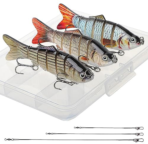 Realure 3 Pcs Multi Jointed Pike Fishing Lures with 15cm 23cm 30cm Wire Traces Pike Lures Sets 3D Artificial Lures with Hooks Slow Sinking Lure with Wobbler for Freshwater Saltwater (10.2cm 14g)