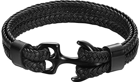 Emibele Bracelet for Men, Sturdy Cowhide Leather Bracelet, Multilayer Vintage Anchor Bracelet Wrap Cuff, 22cm, Black with Black Anchor