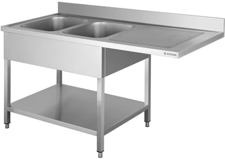 GastroHero Spülzentrum, 2 Becken, 160x60 cm, Edelstahl SPZT-BASIC16X6L2 | 2 Becken links 40x40 cm, Abtropffläche rechts, mit 10 cm Aufkantung & Grundboden, für Gastronomie & Profi-Küche