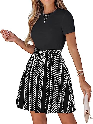 CUPSHE Damen Sommerkleid Rundhals Kurzarm Taillenschnürung Geometrische Muster T Shirt Kleid Freizeitkleider Tunika Mini Dress Schwarz S