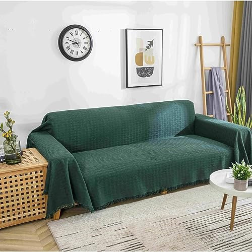 Homxi Sofabezug Zweisitzer,180x230CM,Sofahusse Universel Gitter Strukturiert mit Quasten Polyester Baumwolle Sofa Überwurf Handtuch Sofa Grün Sofa Überzug Universal