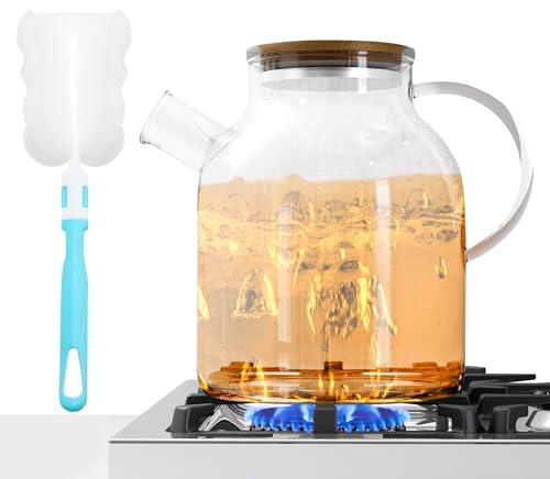 Yuning Tetera de Cristal, Tetera con Infusor de 1600 ml Tetera con colador, Tetera de vidrio de borosilicato con Tapa, Tetera muy resistente al calor, Juego de té con cepillo de limpieza