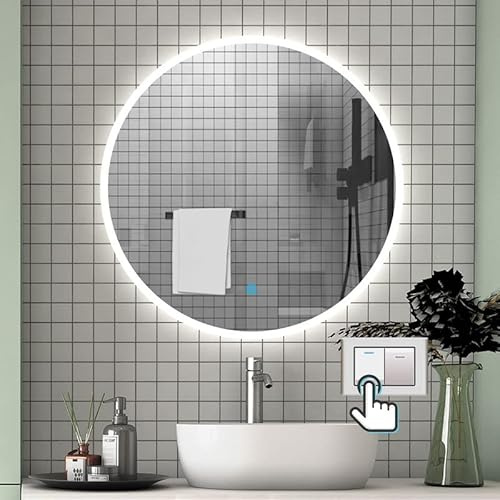 Aica Sanitär LED Spiegel Rund 70 cm Kalt/Neutral/Warmweiß, dimmbar, Memory Funktion, Wandschalter/Touch-Schalter Beschlagfrei LED Spiegel Wandspiegel mit Auto-Abschaltung