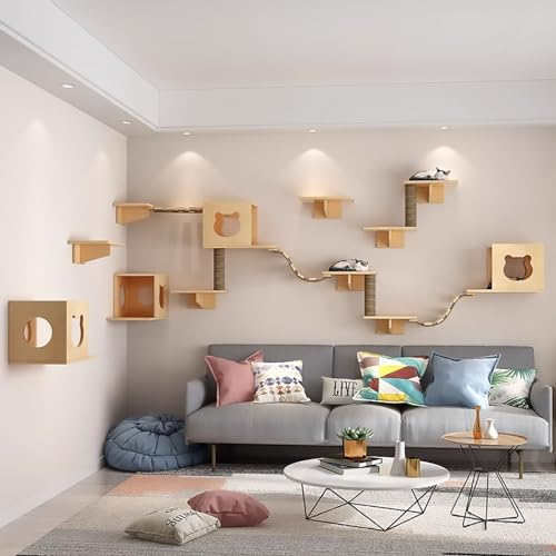 Pucaru Massivholz-Katzen Kratzmöbel, Katzen Kletterwand Set, Katzenwandparkour, zum Schlafen, Spielen und Klettern von Katzen (Color : Style1)