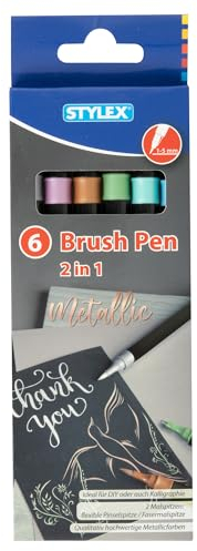 Stylex 32840 - Brush Pen 2 in 1, Filzstifte in 6 Metallic Farben mit flexibler Pinsel- und Fasermalspitze, Strichstärke 1-5 mm