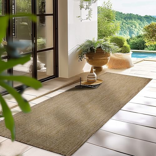 HomebyHome In- & Outdoor Teppich Wetterfest 60 x 100 cm Läufer Braun - Flur Waschbar, Wasserfest, Pflegeleicht und Flachgewebe - Ideal für Balkon, Garten, Terrasse und als Küchenläufer