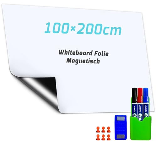 SAMNISOO Whiteboard Magnetisch Folie, Magnetfolie Weiß Abwischbare, Magnettafel Selbstklebend, Umweltfreundliches PET-Material, magnetische Adsorption, für Schule/Büro/Haus (Zentimeter, 100x200)