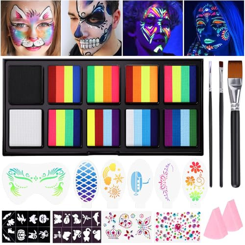 Janolia Body Painting, 34 Colori UV Truccabimbi Kit Anallergici Atossici con 3 Pennelli, Neon Trucca Bimbi Professionali, Trucco Viso Bambini, Face Painting Bambini per Halloween, Carnevale, Pasqua