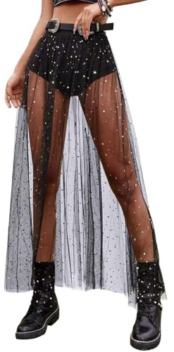 Feliciay Damen Sexy 2 in 1 Transparent Mesh Rock Shorts,Festival Outfit Damen High Waist Maxirock Glitzer Sterne mit Shorts,Drunter Tüllrock Glitzer Stern Mesh Rock für Streetwear und Clubwear (XL)