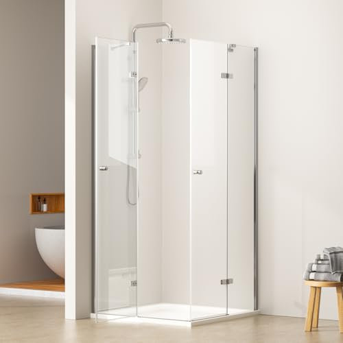 EMKE Duschkabine 90x120 cm Eckeinstieg Pendeltür mit Seitenwand, Duschabtrennung Duschtür Falttür Faltbar Drehfalttür Eckeinstieg Duschkabinen, 5mm Duschwand Glas Faltdusche Höhe 185 cm