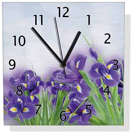 Wallario Design Wanduhr Abstrakte Blaue Schwertlilien in Nahaufnahme aus Aluverbund, Alu-Uhr Größe 30 x 30 cm, Schwarze Zeiger mit Metalloptik