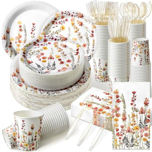 Sinmoe 400 Pcs Spring Plates and Napkins Set Paper Flower Dinnerware Disposable Party Supplies for 50 Guest Dinnerware Knife Fork Spoon for Spring Birthday Party(Classic Color,Flower)