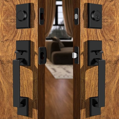 Moquin Double Front Door Lock Set, Matte Black Square Front Door Hardware Set with Dummy, Heavy Duty Door Handle with Deadbolt, Double Entry Door Lock Set with Reversible Handle