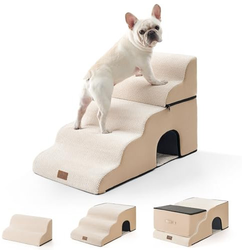 COZY KISS Extra Wide Dog Stairs with Tunnel, Foam Detachable Large Dog Step for Small Pet, Puppy or Cats, Medium Pet Ramp for High Bed, Couch, Sofa or Car, 19.7x33x22.4 inch, 5 Step, Beige