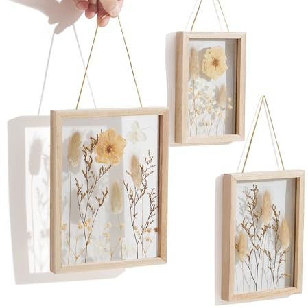 Décoration murale Boho Style - Lot de 3 cadres en bois avec fleurs séchées et herbe pressées - Double verre - Cadre photo à suspendre pour toute l'année - 16 x 11 cm, 19 x 14 cm, 22 x 17 cm