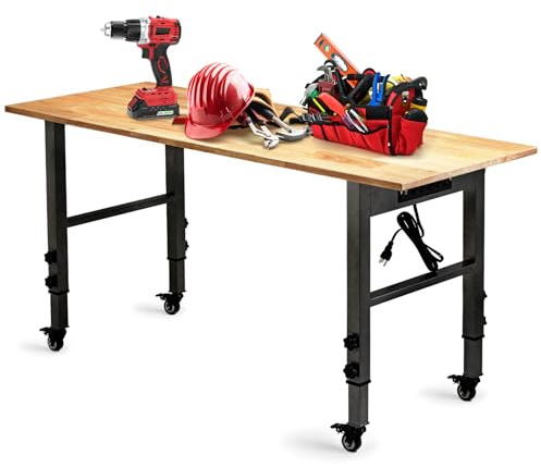 OLBRUS 54.3 Adjustable Workbench with Power Outlet, Heavy Duty 2000 LBS Load Capacity Hardwood Workbench Suitable for Workshop, Office, Garage, Home (Metal Wheels丨Power Outlets 54.3x21.6)